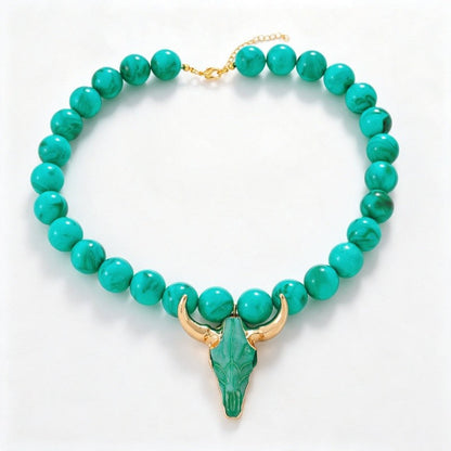 Teal Bull Skull Beaded Necklace
