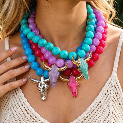 Teal Bull Skull Beaded Necklace