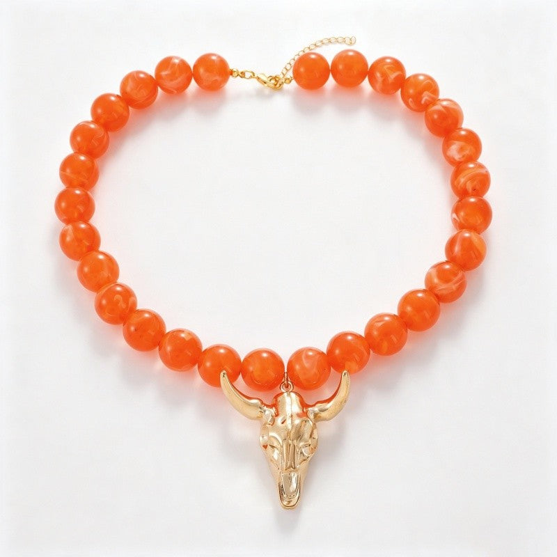 Teal Bull Skull Beaded Necklace