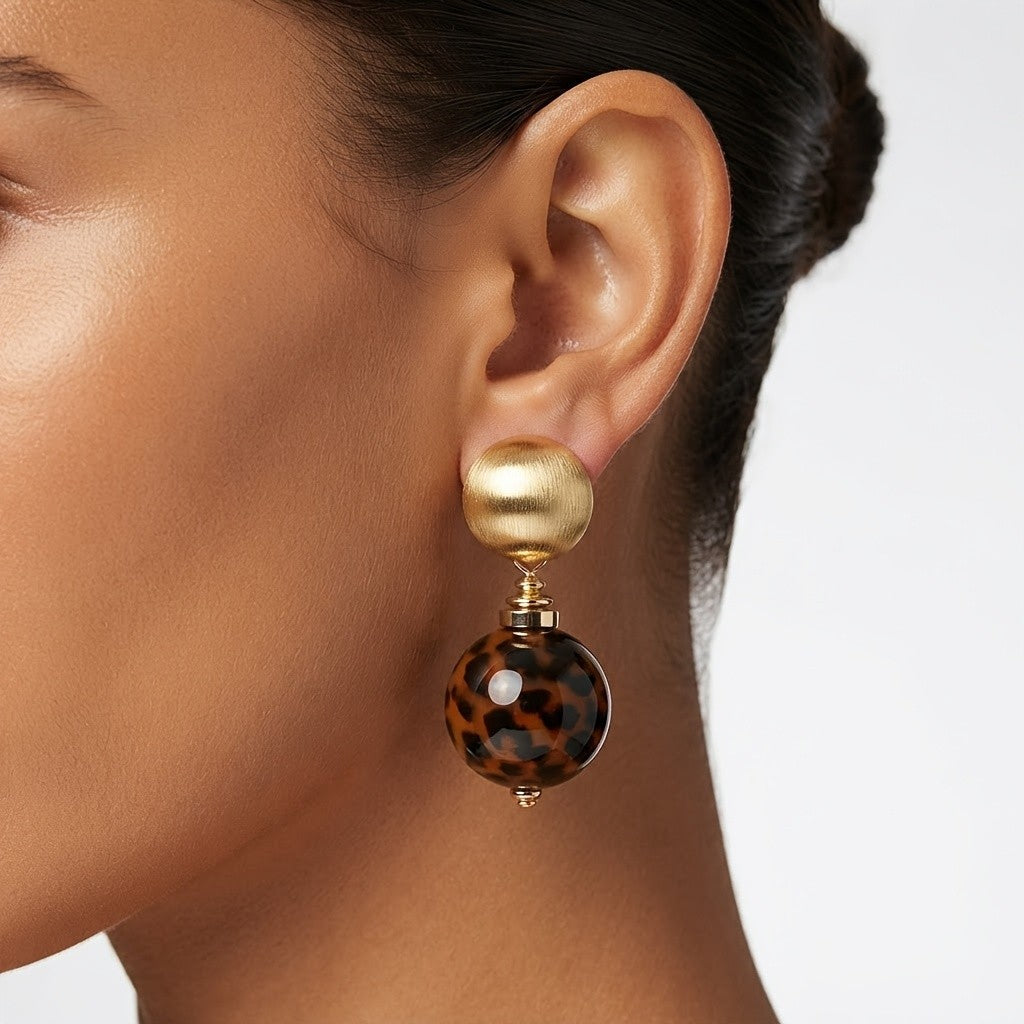 Leopard Print Double Sphere Drop Earrings