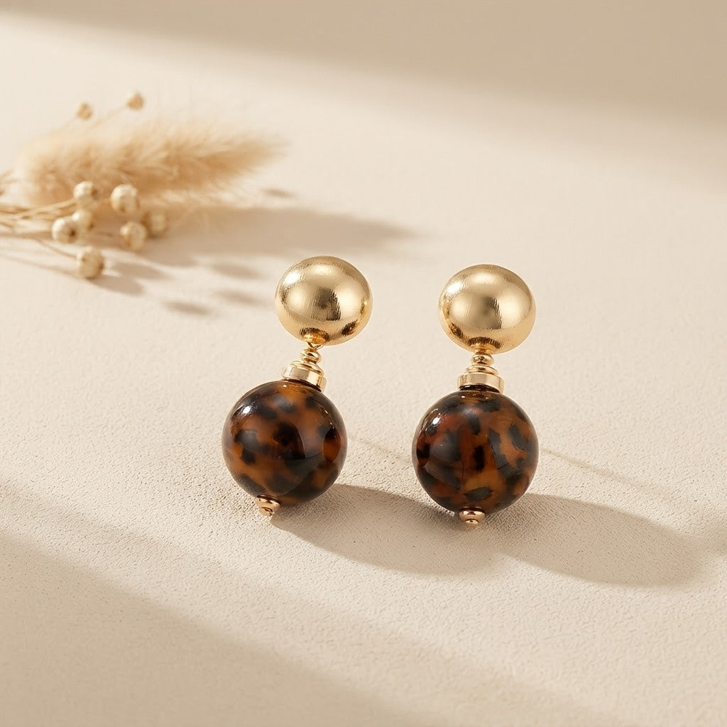 Leopard Print Double Sphere Drop Earrings