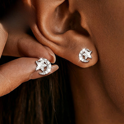 Star & Moon Crystal Stud Earrings