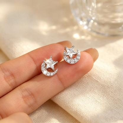Star & Moon Crystal Stud Earrings