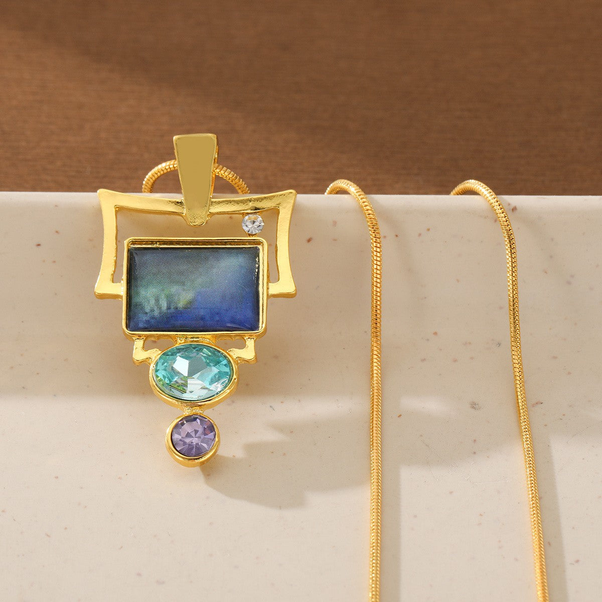Geometric Blue Opal Pendant Necklace