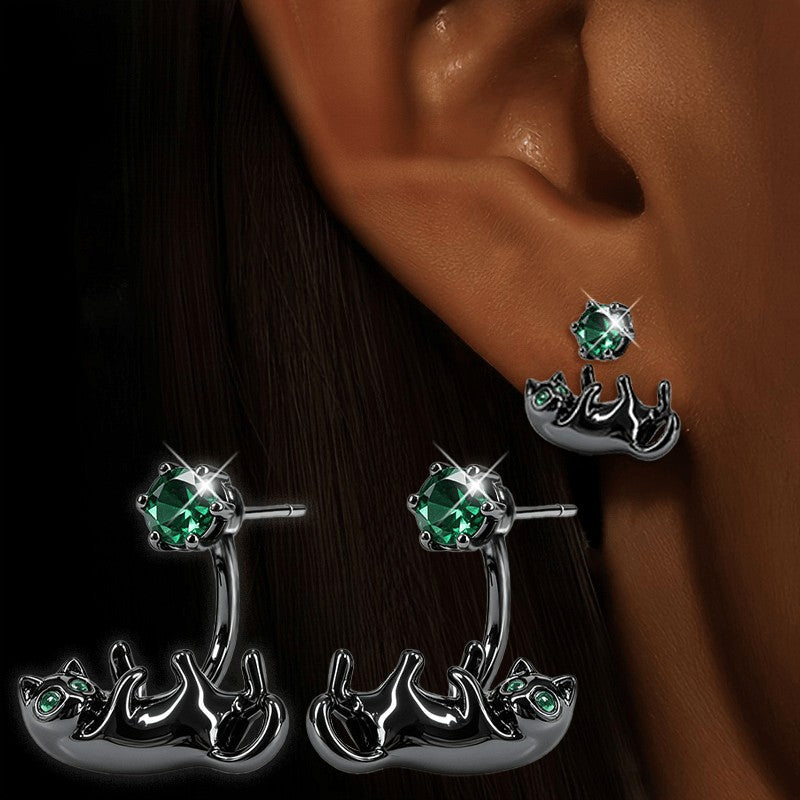 Green Crystal Reclining Cat Drop Earrings