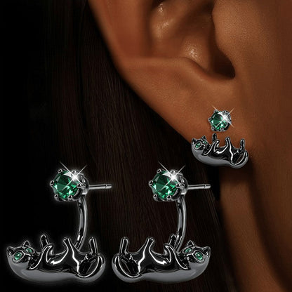 Green Crystal Reclining Cat Drop Earrings