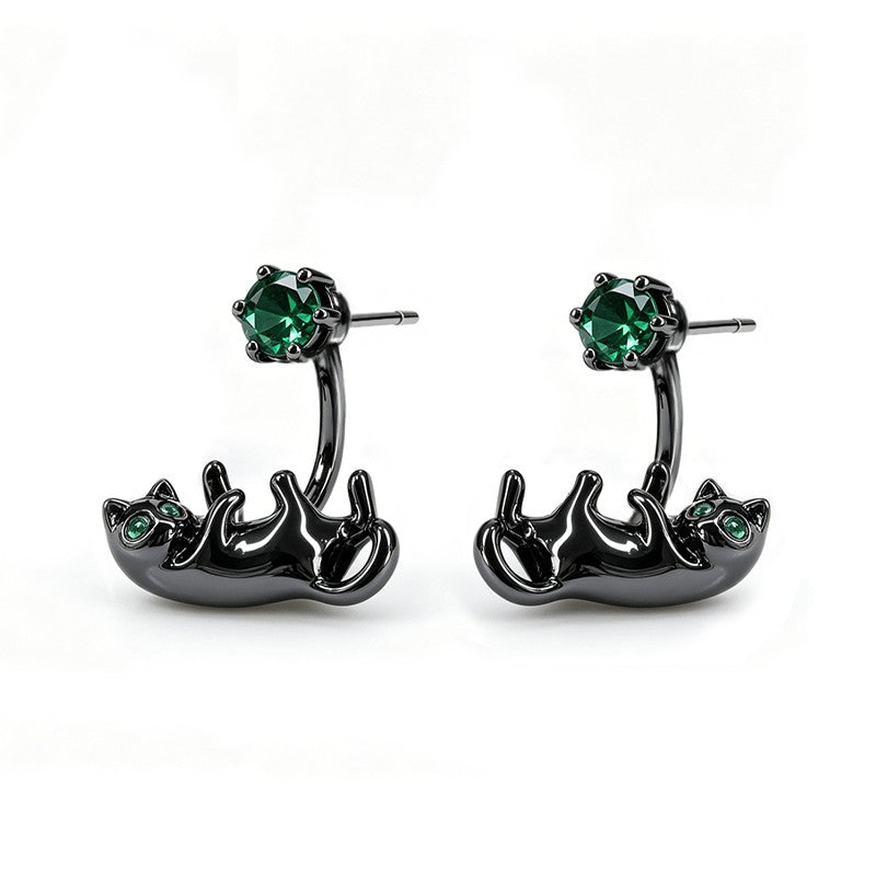 Green Crystal Reclining Cat Drop Earrings