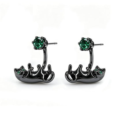 Green Crystal Reclining Cat Drop Earrings