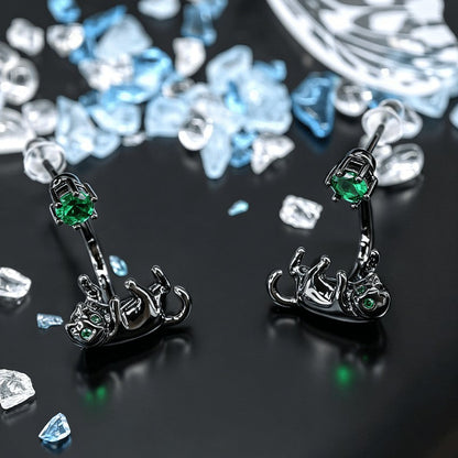 Green Crystal Reclining Cat Drop Earrings