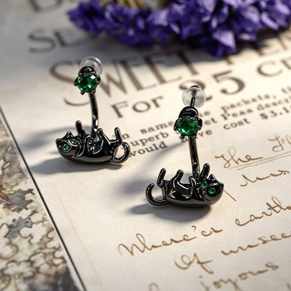 Green Crystal Reclining Cat Drop Earrings