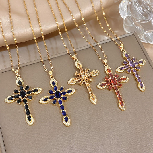 Marquise Gemstone Cross Necklace