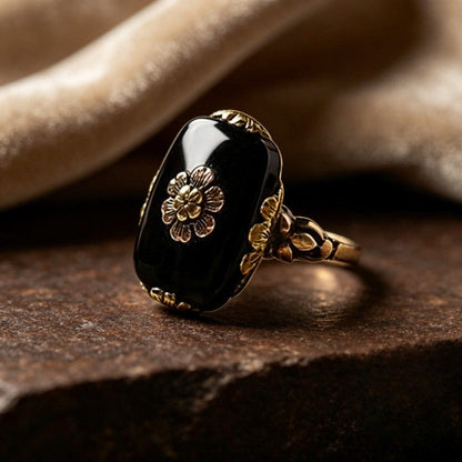 Black Floral Rectangle Ring