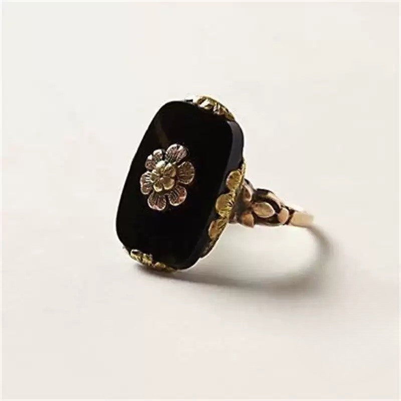 Black Floral Rectangle Ring