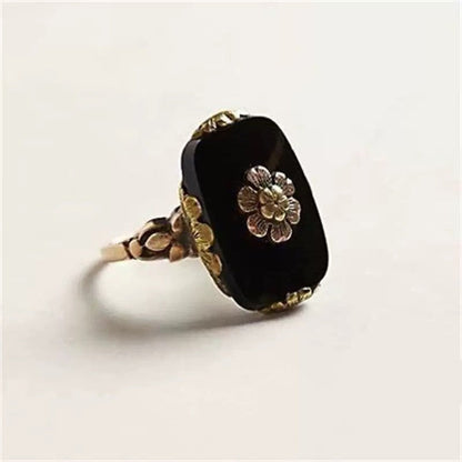 Black Floral Rectangle Ring