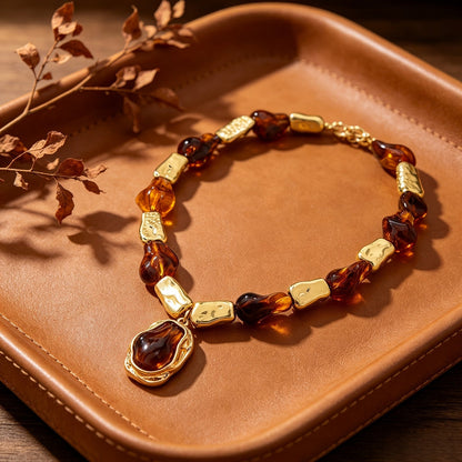 Amber & Hammered Gold Bead Bracelet