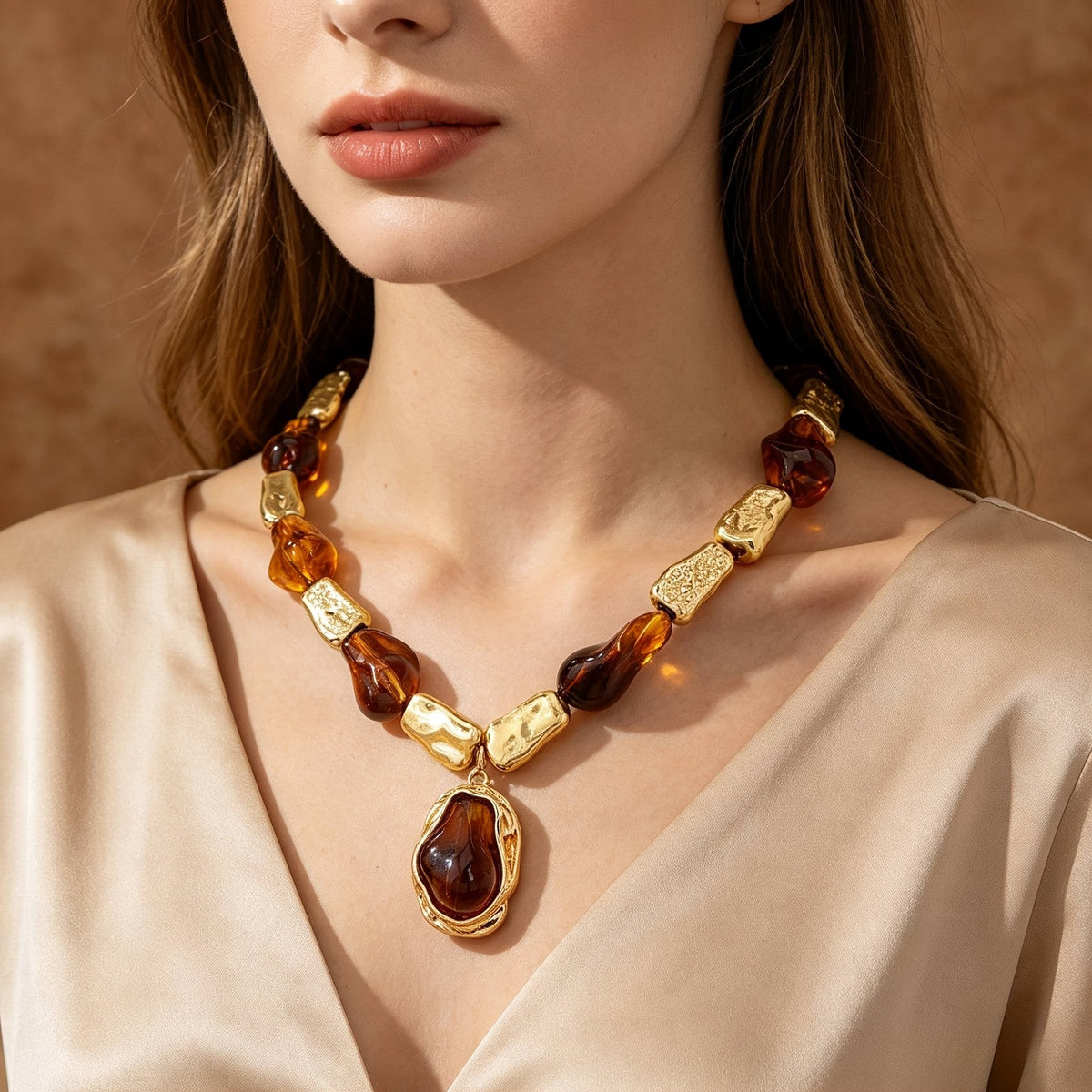 Amber & Hammered Gold Bead Bracelet