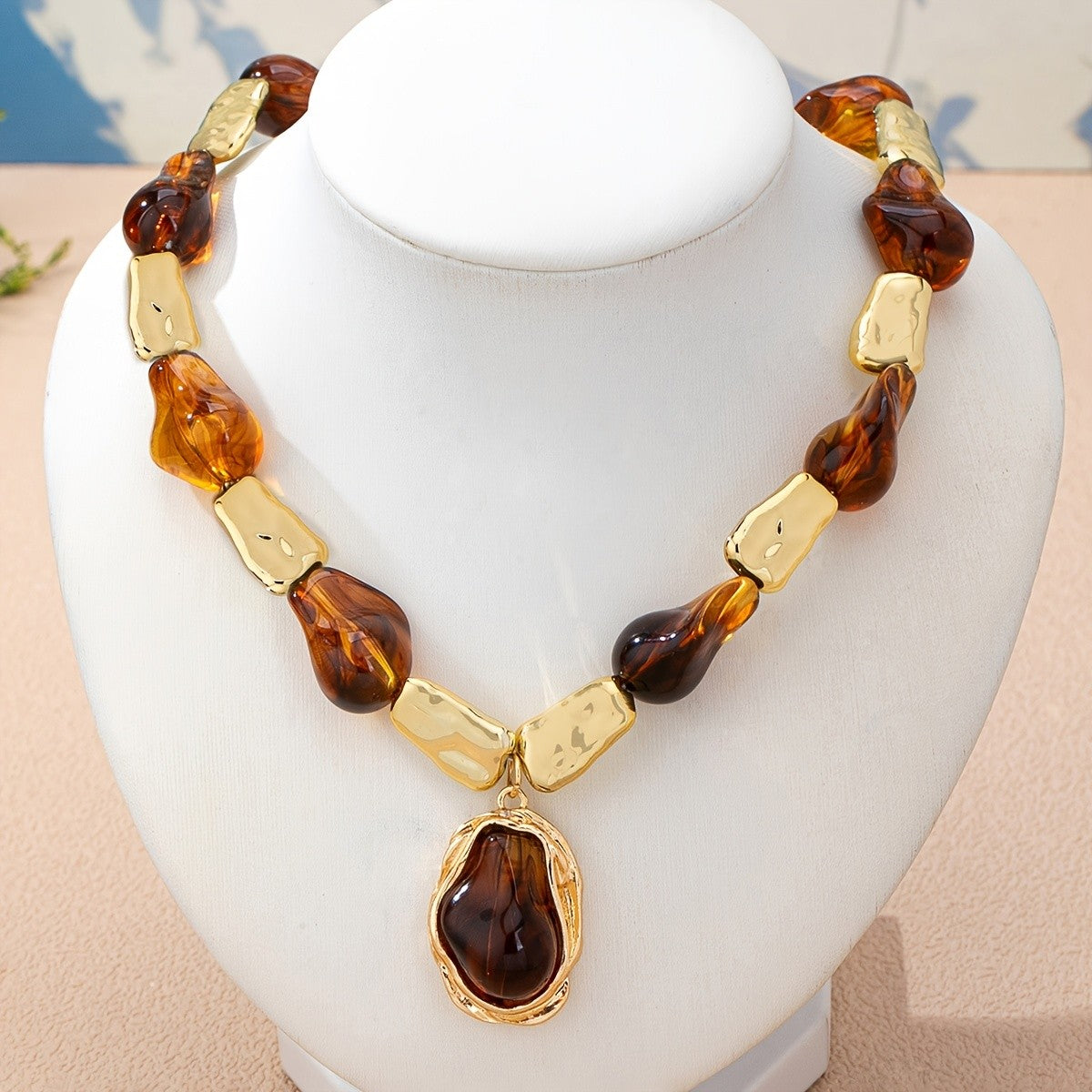 Amber & Hammered Gold Bead Bracelet