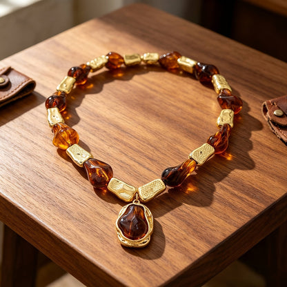 Amber & Hammered Gold Bead Bracelet