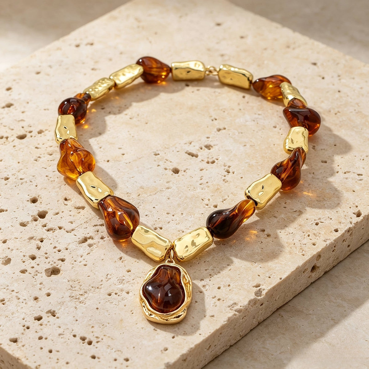 Amber & Hammered Gold Bead Bracelet