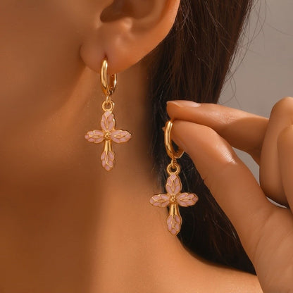 Pink Enamel Cross Drop Earrings