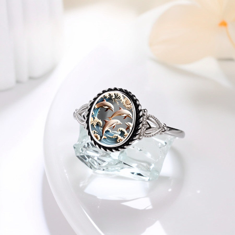 Dolphin Wave Oval Ring