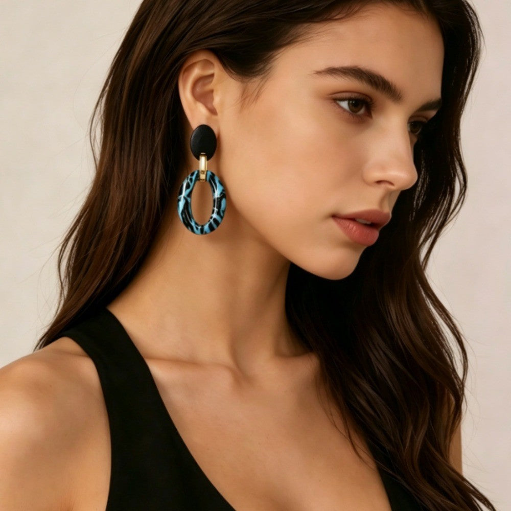 Blue Leopard Oval Drop Earrings
