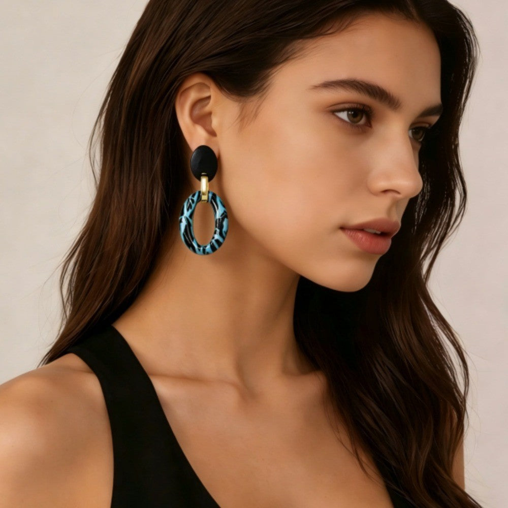 Blue Leopard Oval Drop Earrings