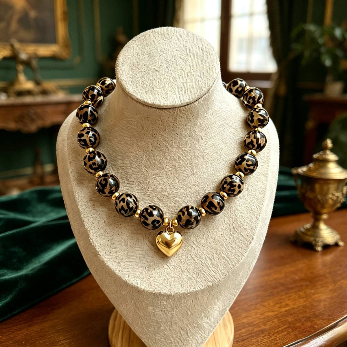 Leopard Bead Heart Necklace