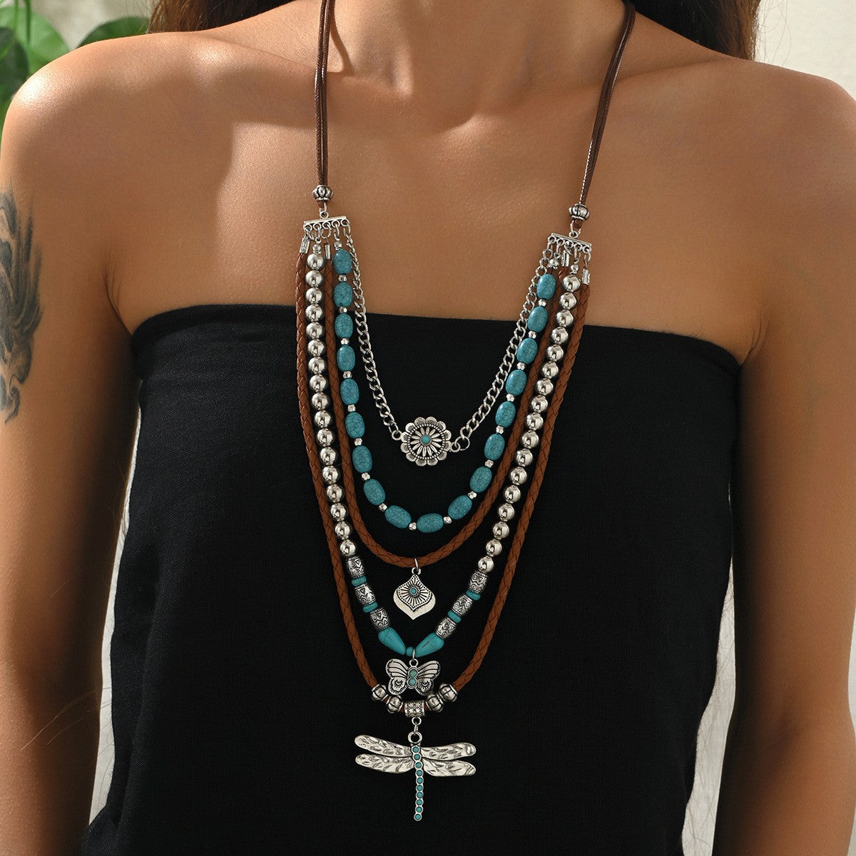 Turquoise Dragonfly & Butterfly Layered Necklace