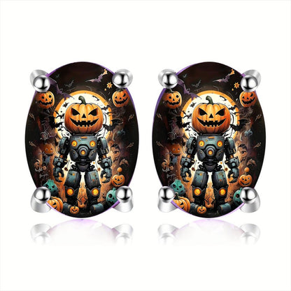 Pumpkin Robot Oval Earrings