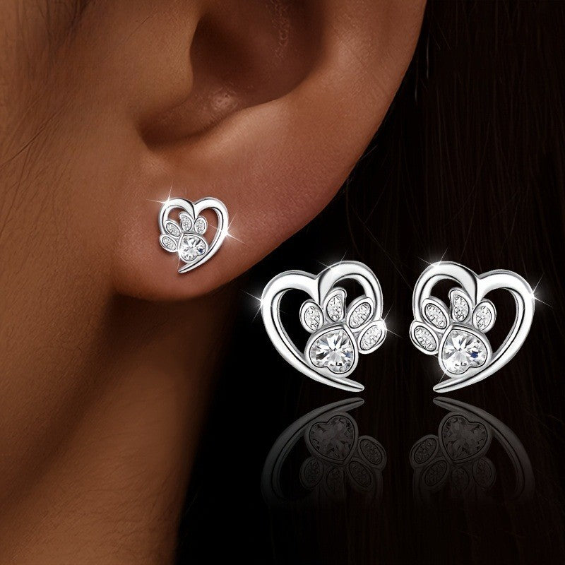 Crystal Paw Heart Stud Earrings