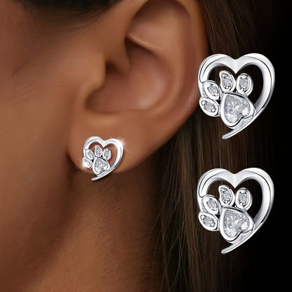 Crystal Paw Heart Stud Earrings