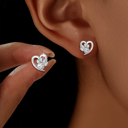 Crystal Paw Heart Stud Earrings