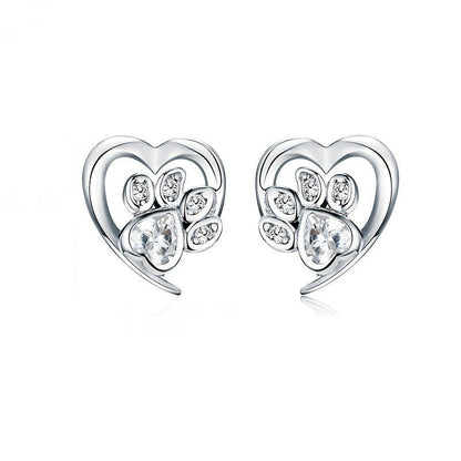 Crystal Paw Heart Stud Earrings