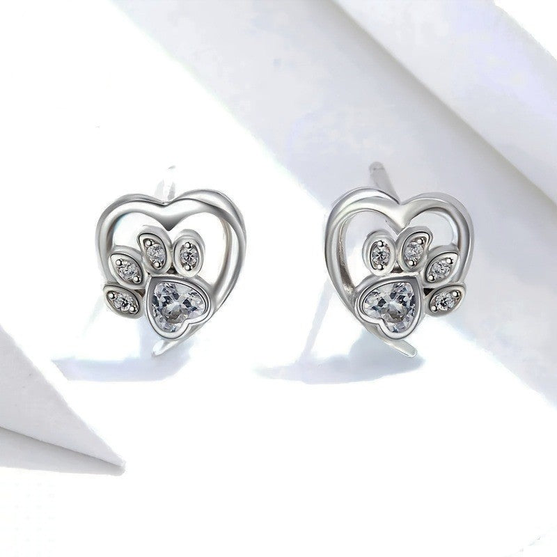 Crystal Paw Heart Stud Earrings