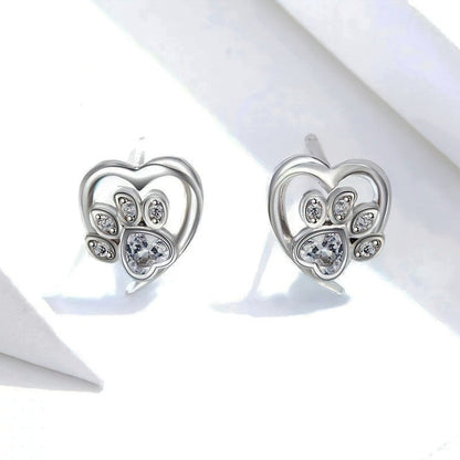 Crystal Paw Heart Stud Earrings