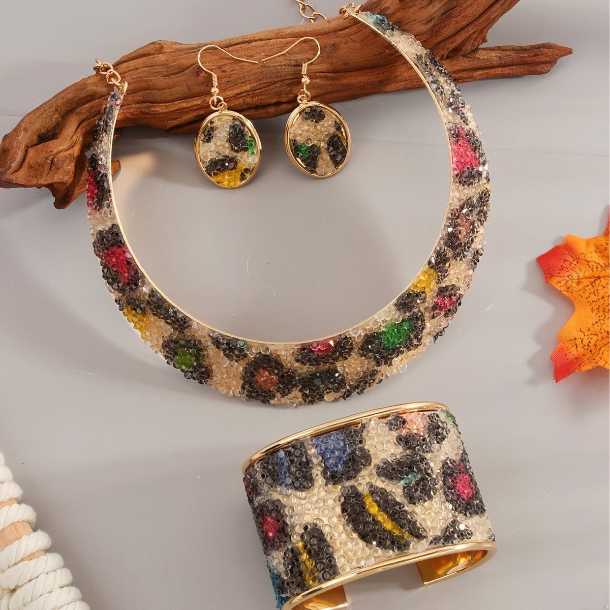 Colorful Rhinestone Leopard Collar Set