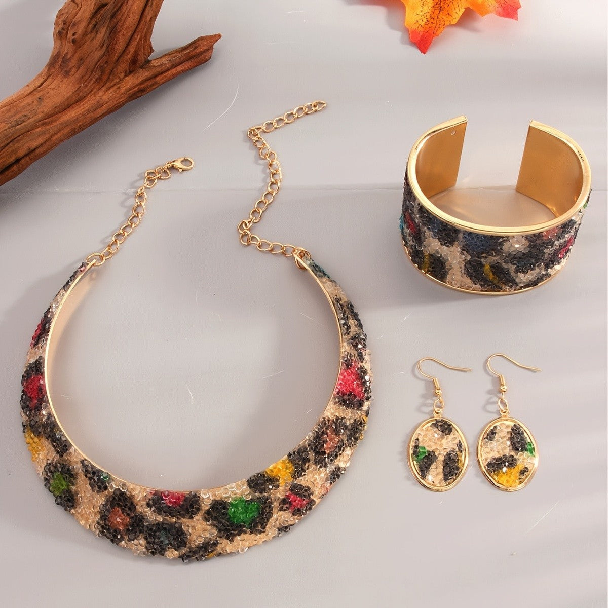 Colorful Rhinestone Leopard Collar Set