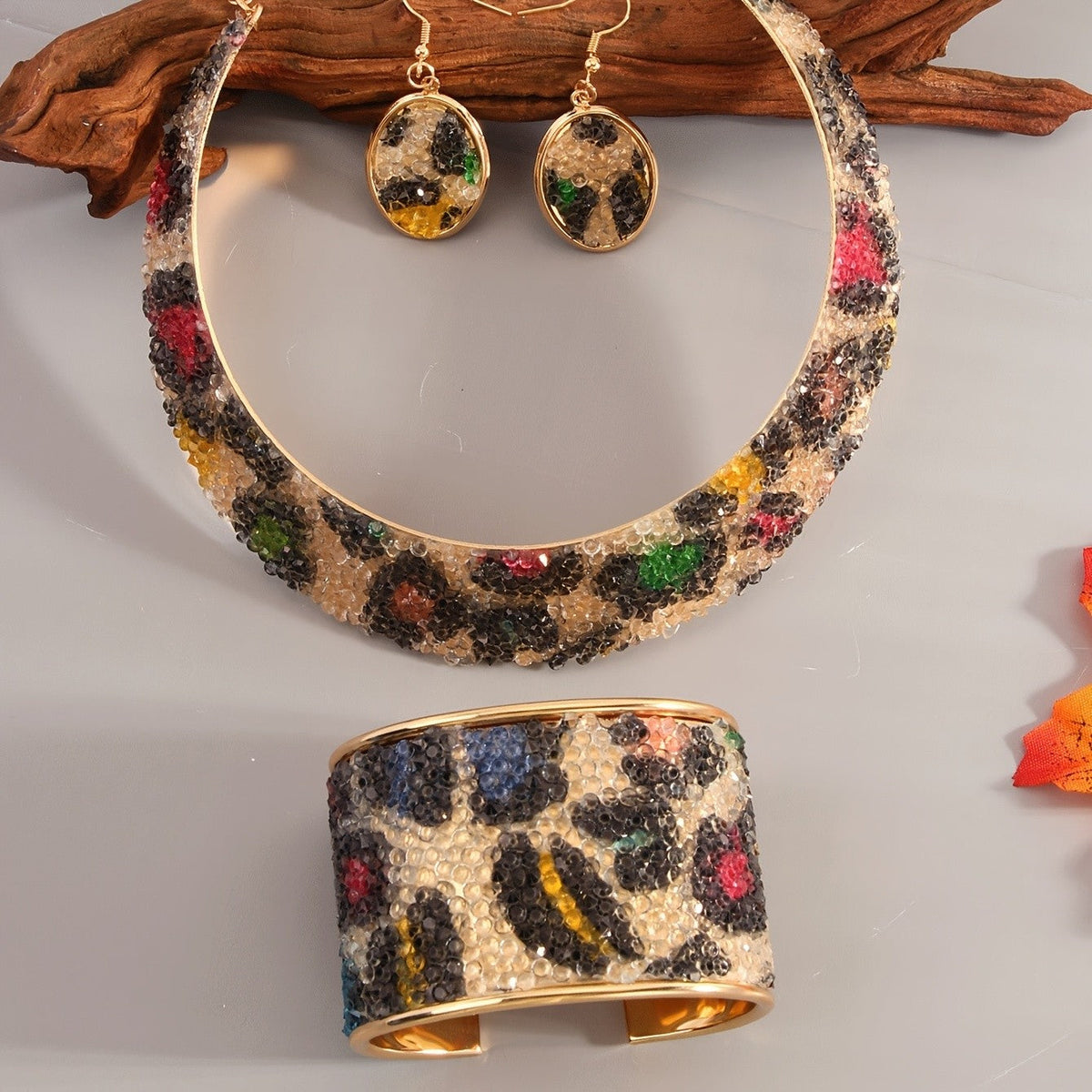 Colorful Rhinestone Leopard Collar Set