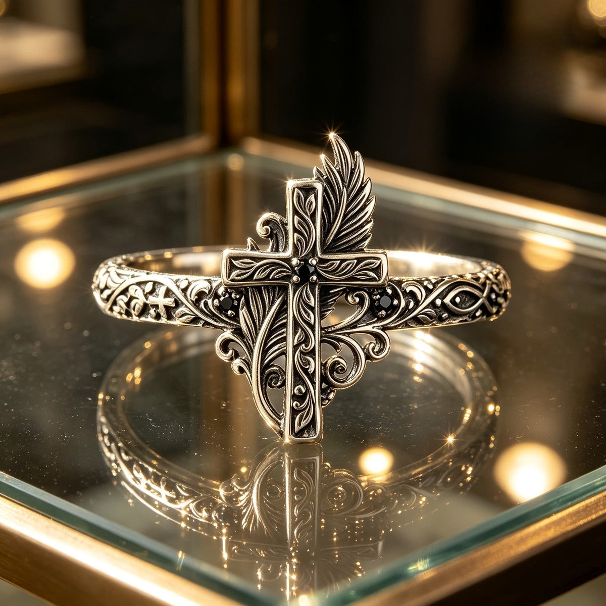 Ornate Cross & Feather Ring