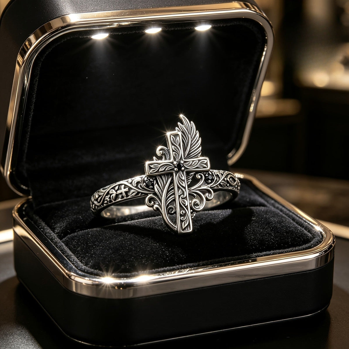 Ornate Cross & Feather Ring