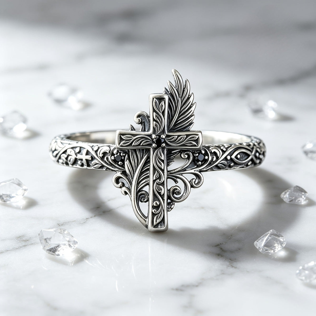 Ornate Cross & Feather Ring