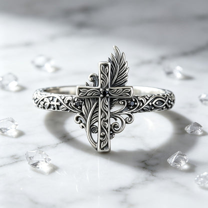 Ornate Cross & Feather Ring