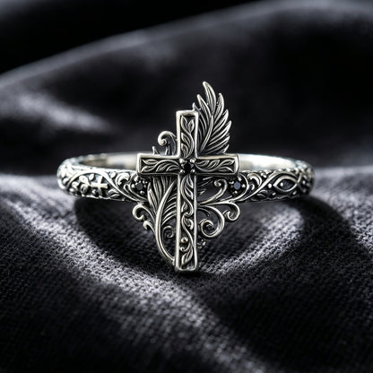 Ornate Cross & Feather Ring