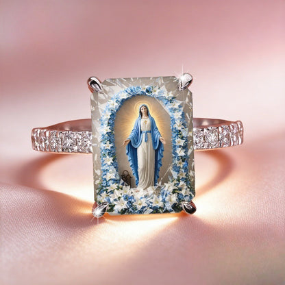 Blue Floral Virgin Mary Ring