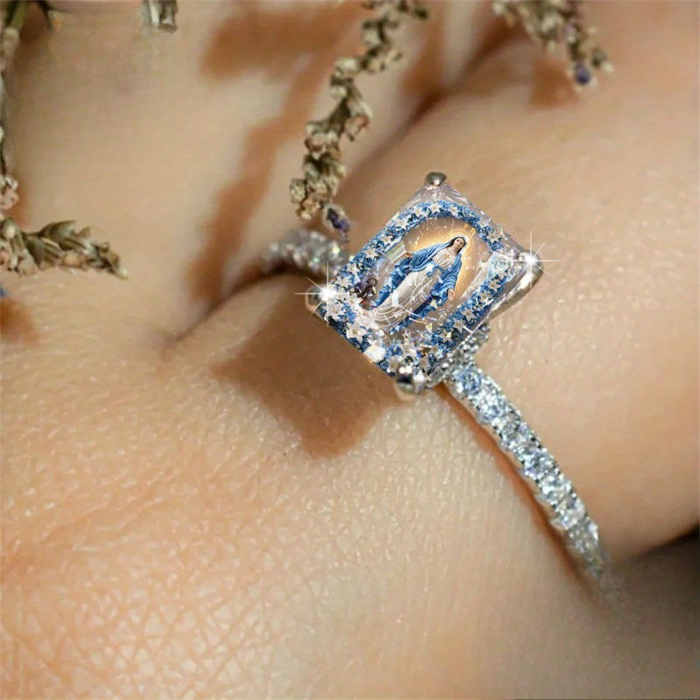 Blue Floral Virgin Mary Ring