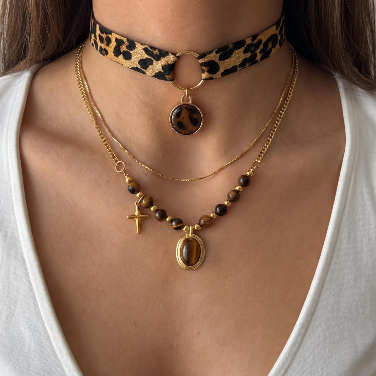 Leopard Choker & Tiger Eye Necklace Set