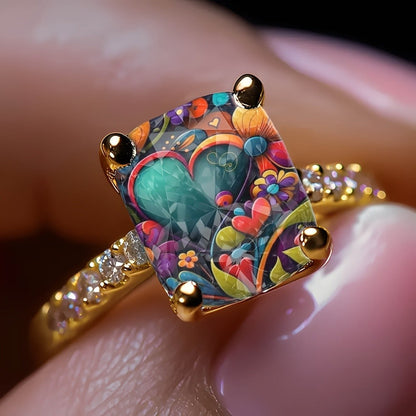 Colorful Floral Heart Square Ring