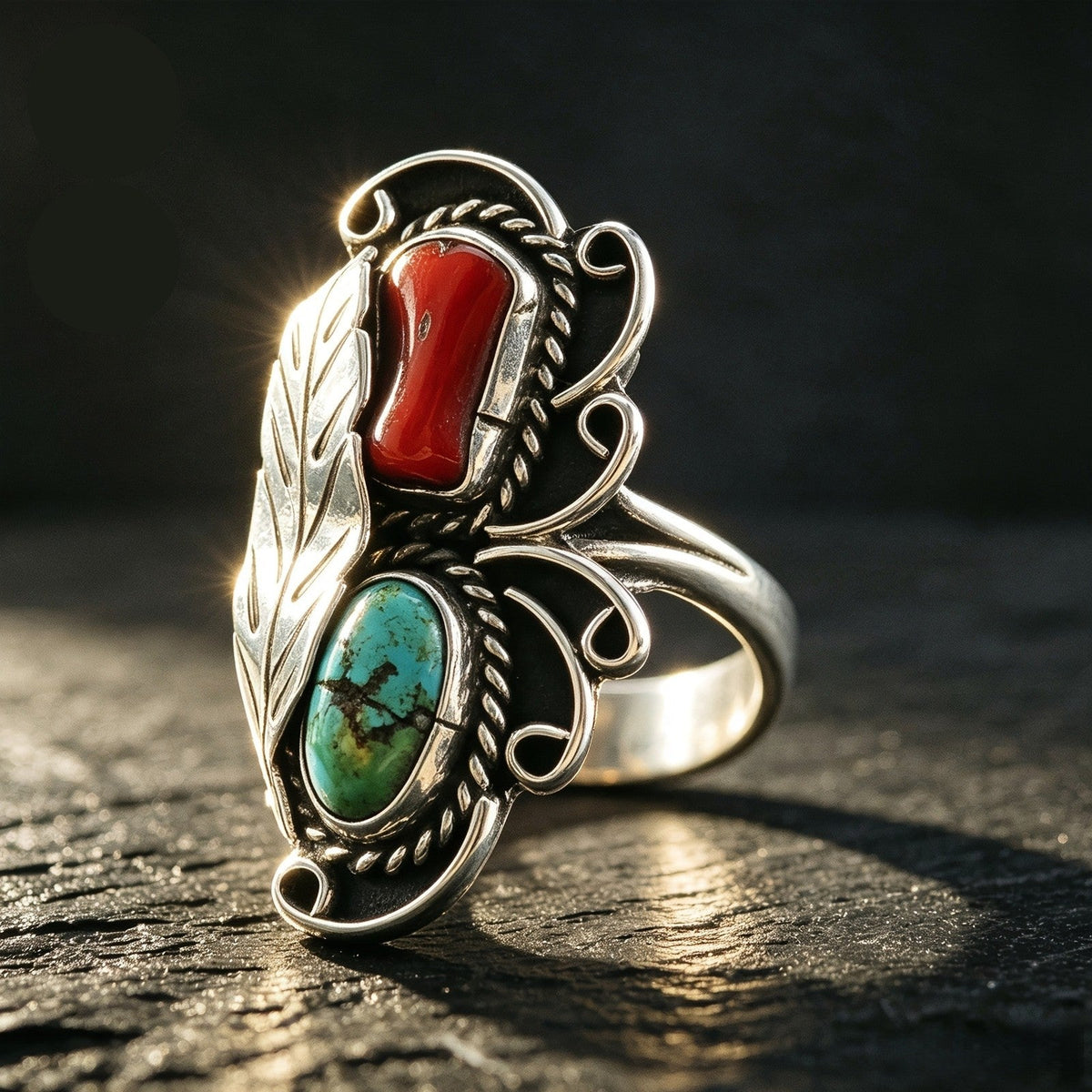 Turquoise & Red Stone Feather Ring