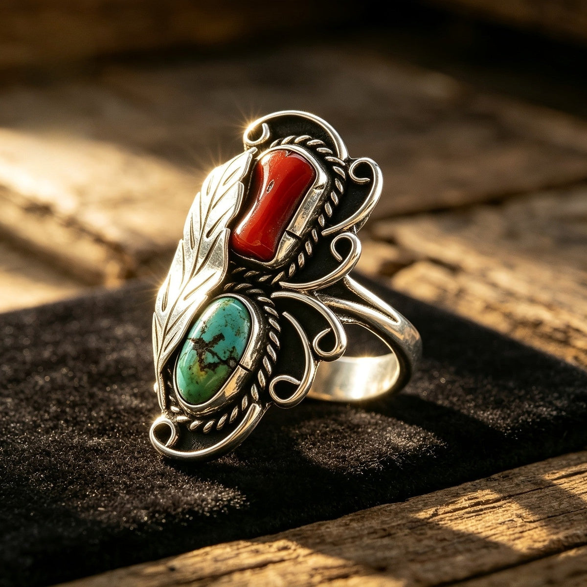 Turquoise & Red Stone Feather Ring
